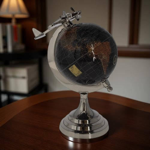 Mappamondo Decorativo con Aereo, soprammobile per Scrivanie e Ufficio – H27 x D20 cm