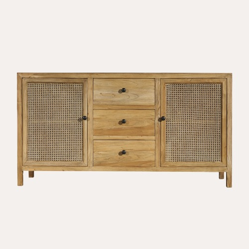 Credenza in legno e paglia di Vienna 3 Cassetti e 2 Ante, 160x45x85 cm