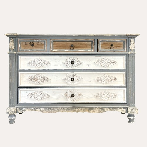 Mobile cassettiera shabby chic in legno grigio, bianco e marrone chiaro – 116x40xH82 cm