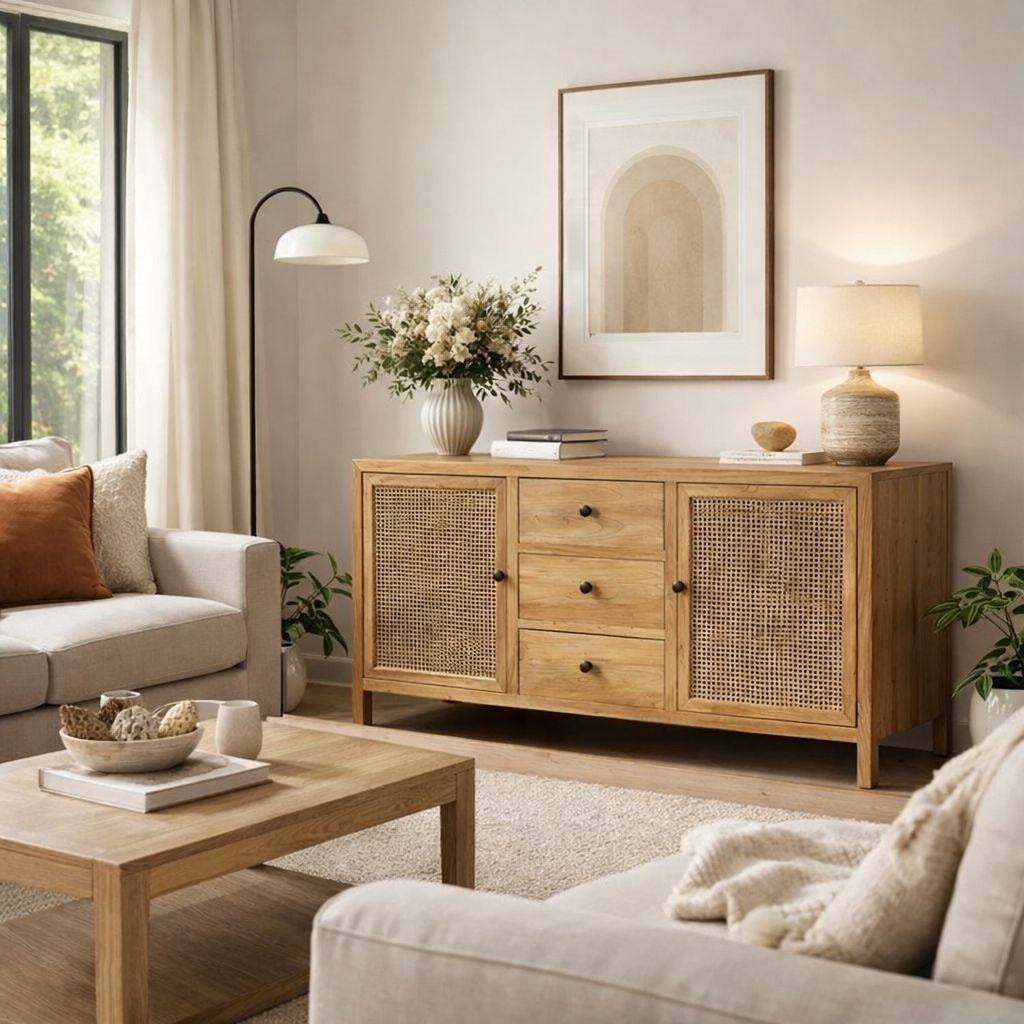 Credenza in legno e paglia di Vienna 3 Cassetti e 2 Ante, 160x45x85 cm