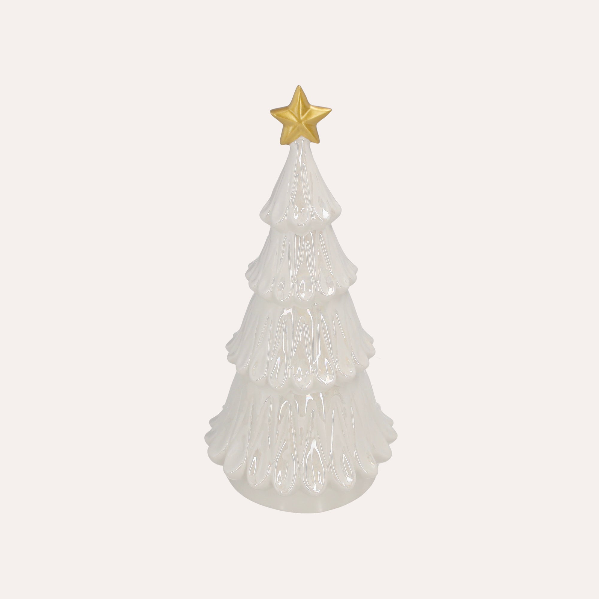 Weißer Keramik-Weihnachtsbaum mit goldenem Stern H. 31 cm