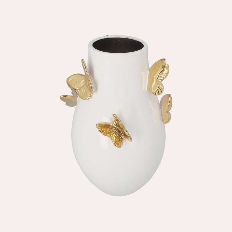 Vaso in Ceramica Bianco con Farfalle Dorate – H 34 x D 24 cm