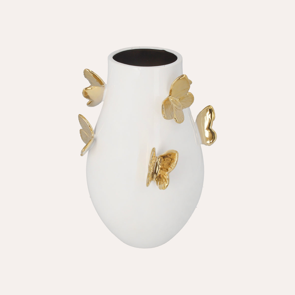 Vaso in Ceramica Bianco con Farfalle Dorate – H 34 x D 24 cm