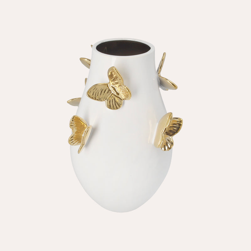 Vaso in Ceramica Bianco con Farfalle Dorate – H 34 x D 24 cm