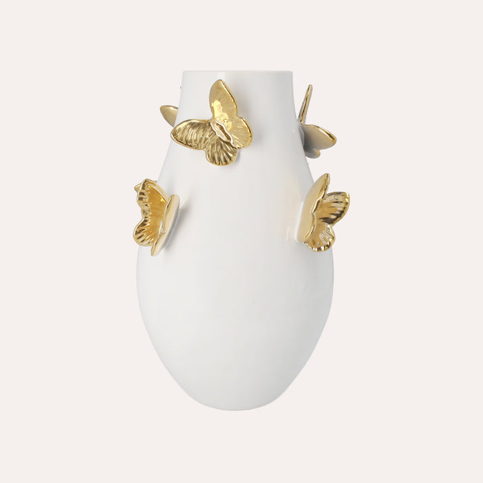 Vaso in Ceramica Bianco con Farfalle Dorate – H 34 x D 24 cm