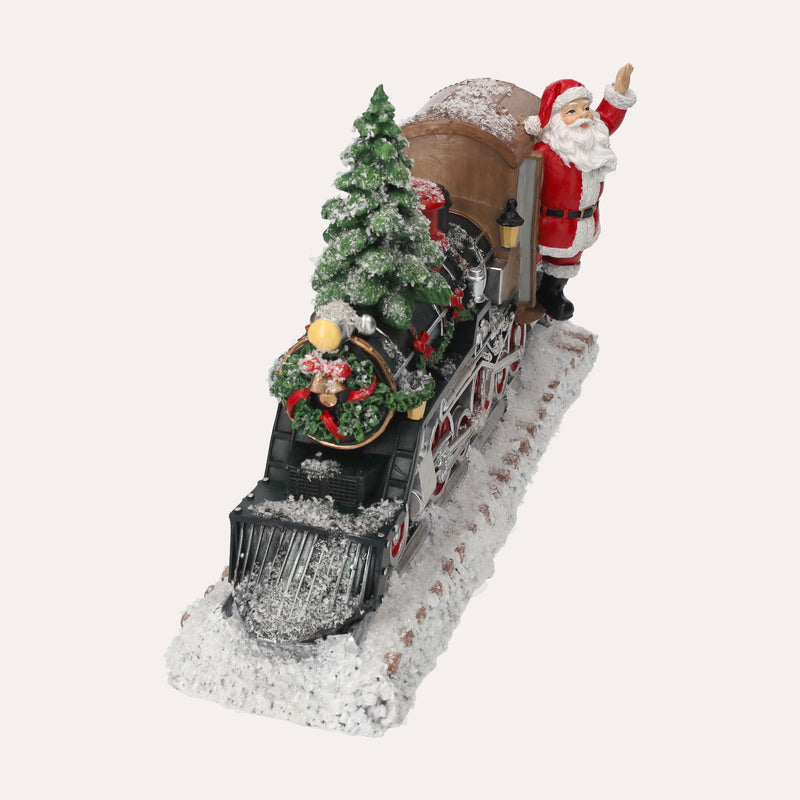 Statua Treno Natalizio con Babbo Natale, Albero e Regali – Decorazione in Resina
