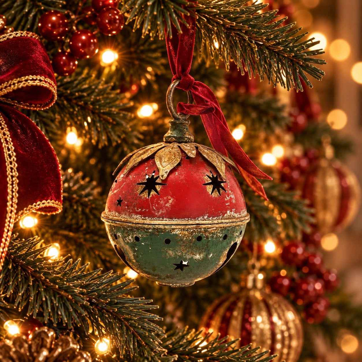 Weihnachtskugel aus roter und grüner Dose, H. 23 x 15 cm