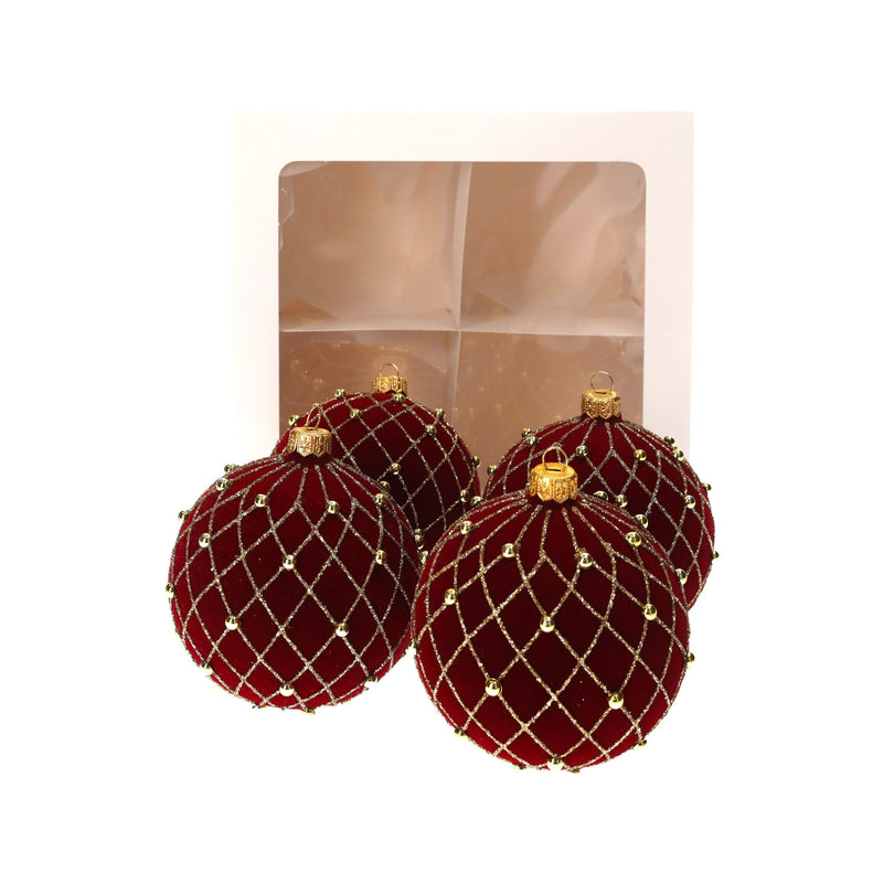 Set di 4 Palline di Natale in Vetro Rosse Vellutate