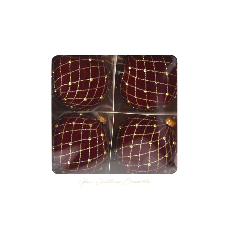 Set di 4 Palline di Natale in Vetro Rosse Vellutate