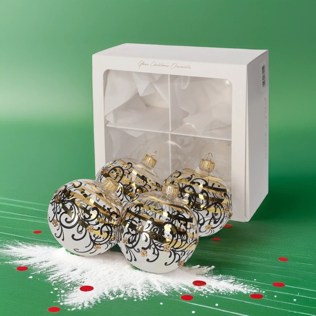 Palline di Natale in Vetro Trasparente con Decorazioni Nere e Oro – Set di 4