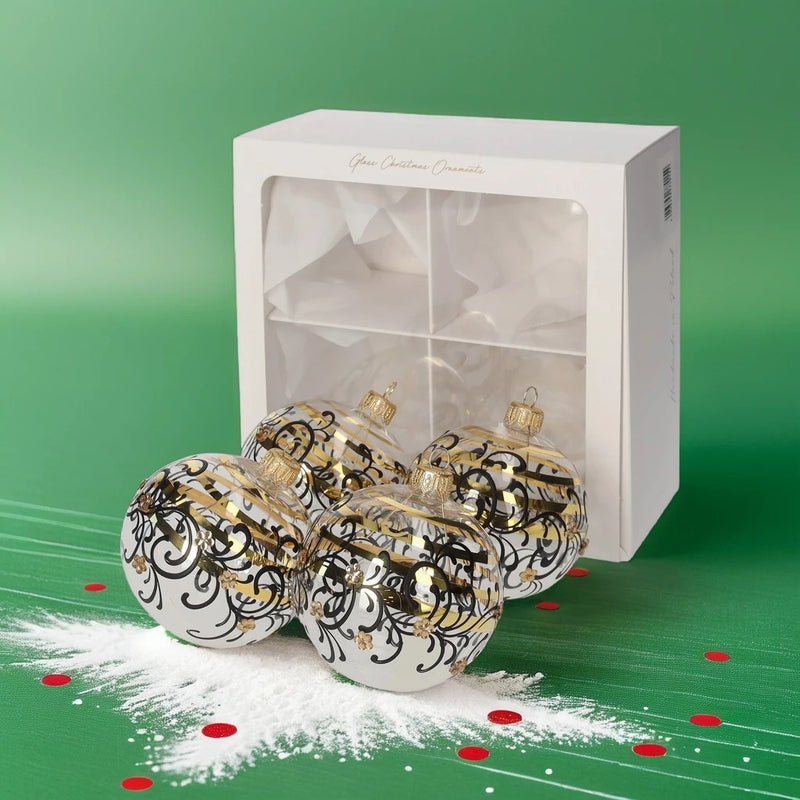 Palline di Natale in Vetro Trasparente con Decorazioni Nere e Oro – Set di 4