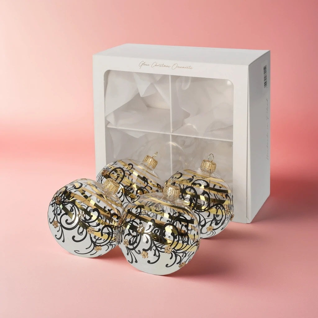 Palline di Natale in Vetro Trasparente con Decorazioni Nere e Oro – Set di 4