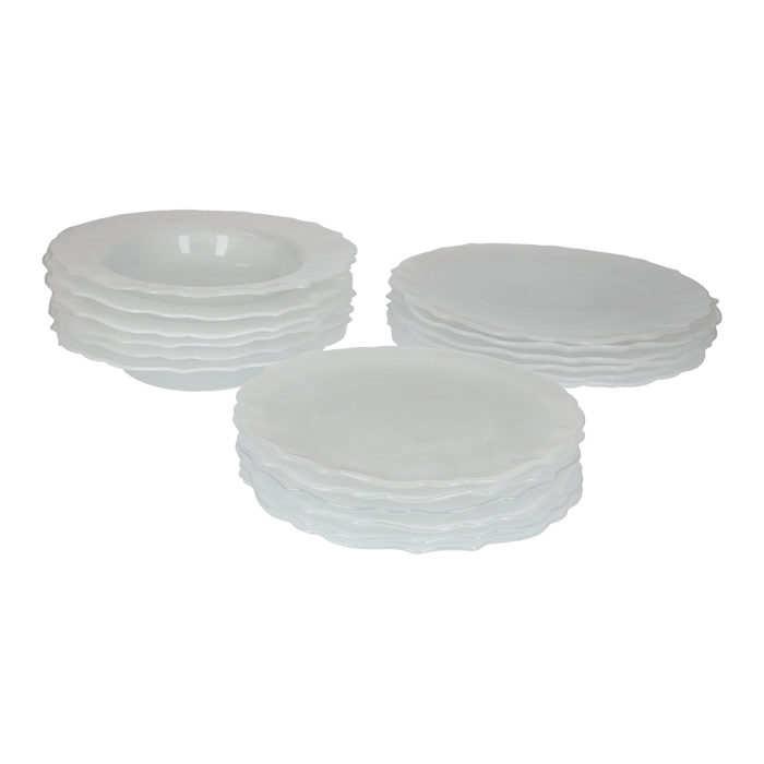 Set di 18 Piatti in Vetro Bianco con Finitura Lucida
