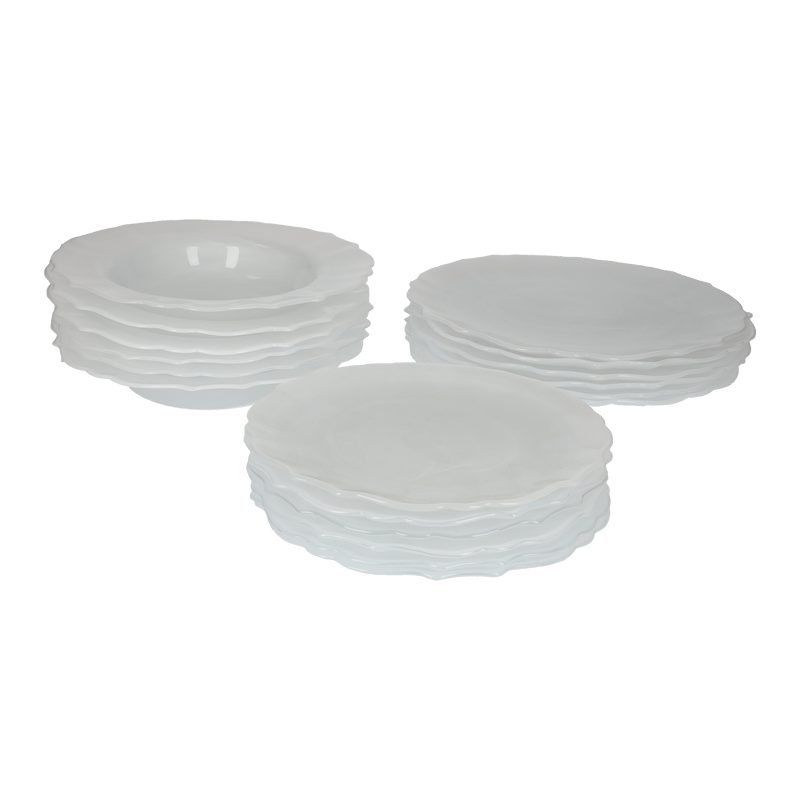 Set di 18 Piatti in Vetro Bianco con Finitura Lucida