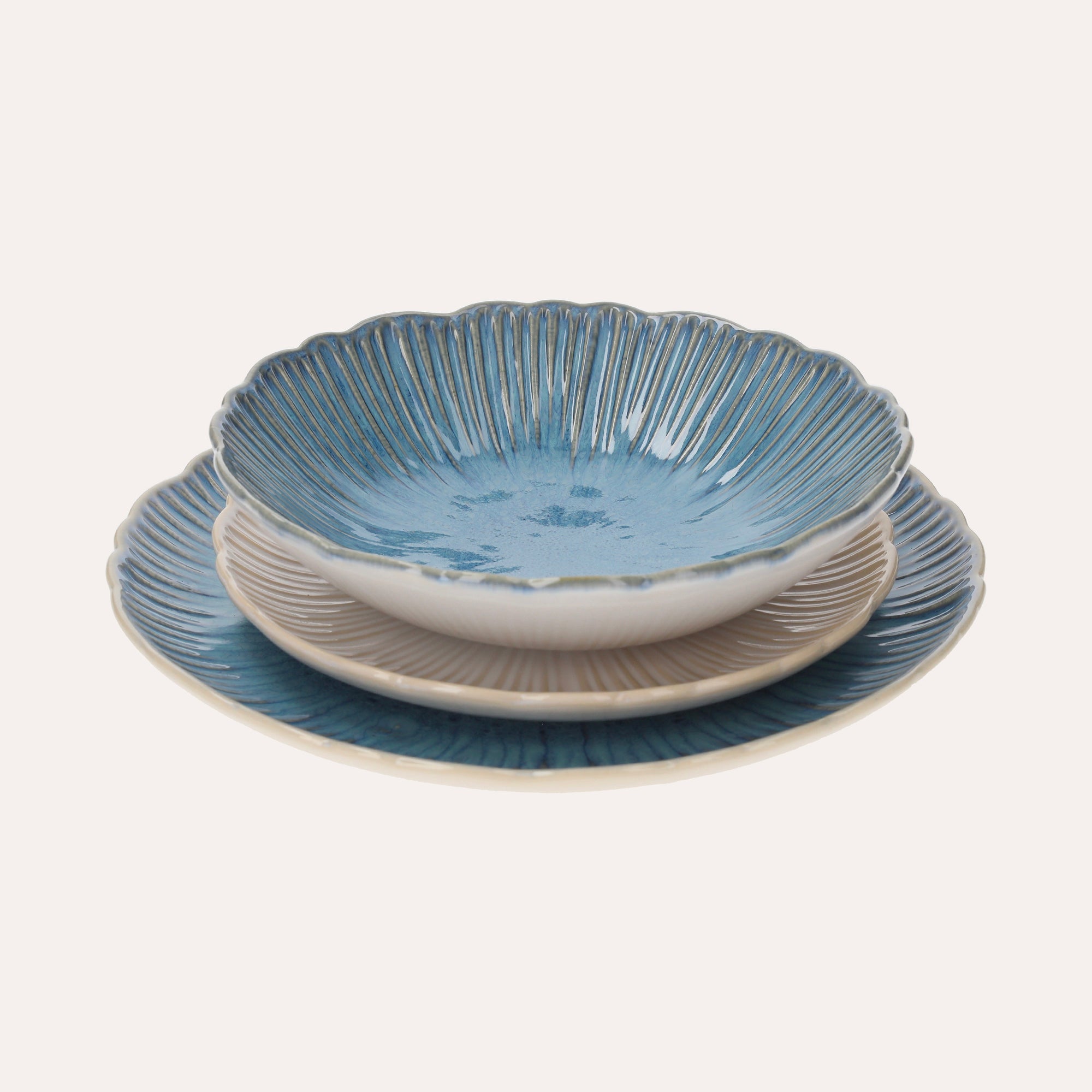 Set of 12 (4+4+4) Blue Ceramic Plates with Coral Motifs