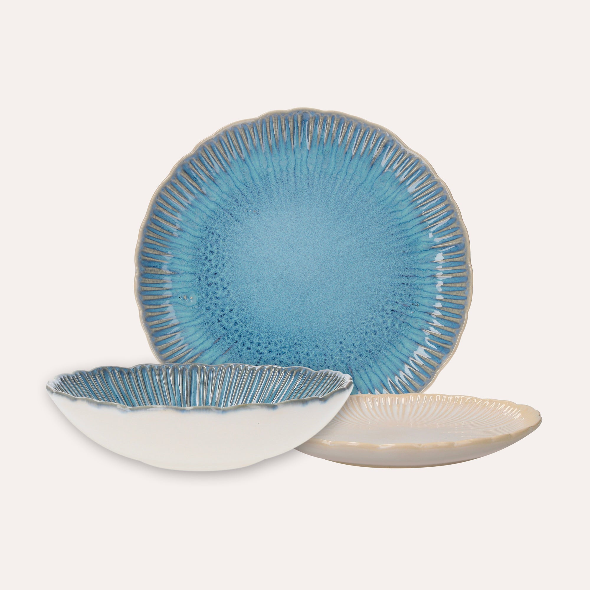 Set of 12 (4+4+4) Blue Ceramic Plates with Coral Motifs