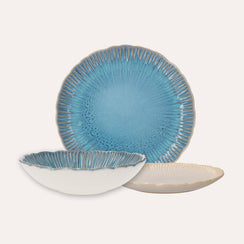 Set of 12 (4+4+4) Blue Ceramic Plates with Coral Motifs