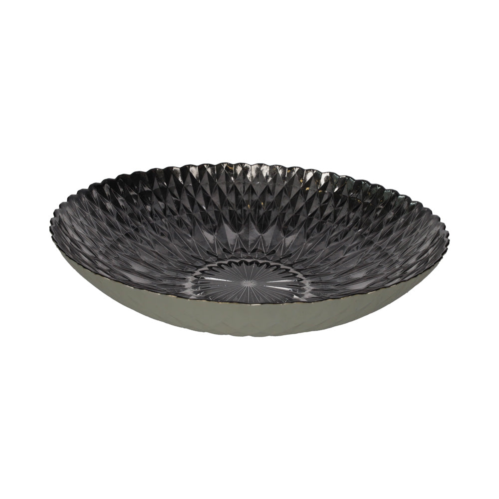 Piatto Decorativo in Vetro Nero con Decorazioni Argentate