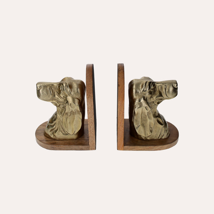Fermalibri Busto di Cani in Metallo Dorato su Supporto in Legno