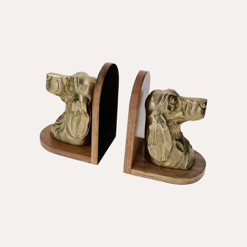 Fermalibri Busto di Cani in Metallo Dorato su Supporto in Legno