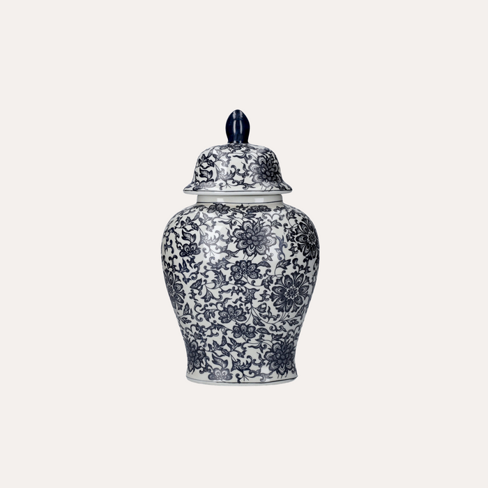 Potiche Ovale in Ceramica con Fiori Blu e Tappo – H38x21x14 cm