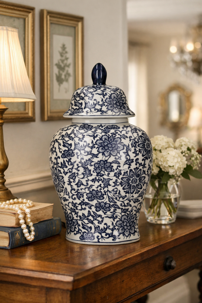 Potiche Ovale in Ceramica con Fiori Blu e Tappo – H38x21x14 cm