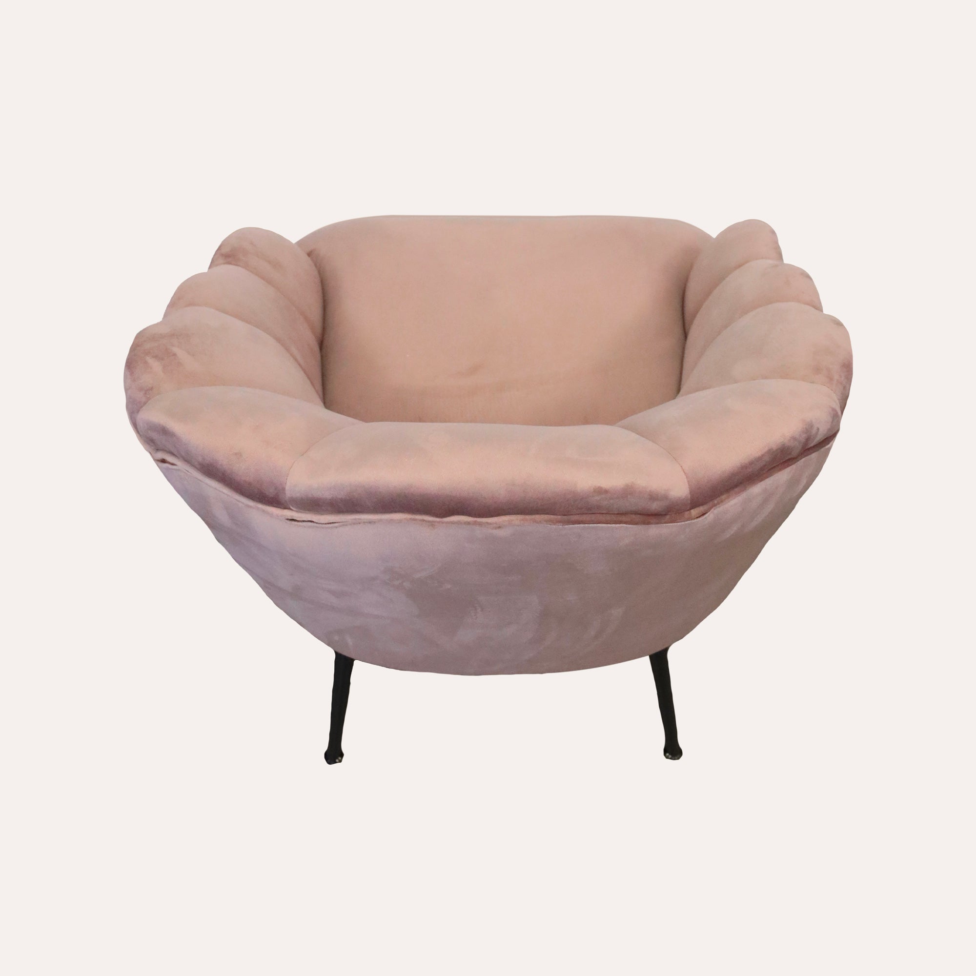 Fan-Shaped Armchair in Powder Pink Velvet with Black Legs