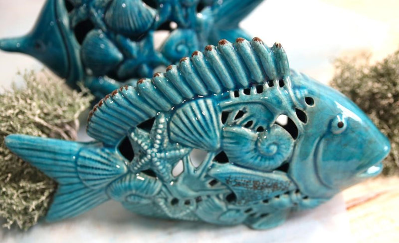 Pesce portacandele in ceramica azzurra, altezza cm 20