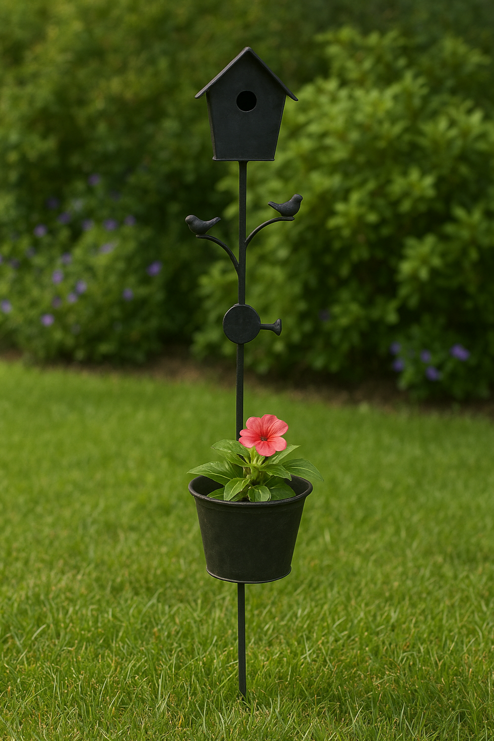 Piantone in Ferro con Casetta per Uccellini e Vaso – Idea Regalo Originale per Giardini