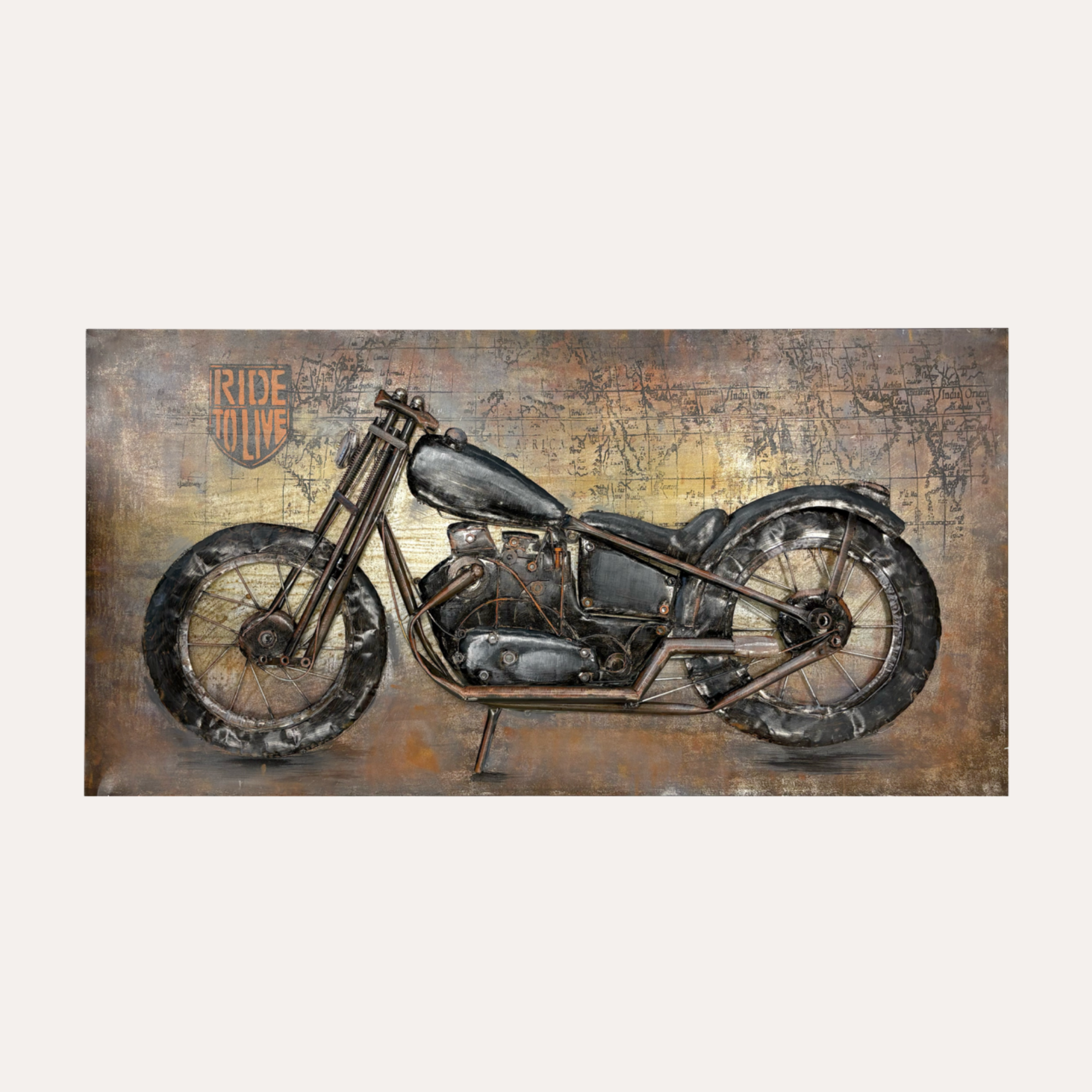 Quadro Decorativo in Metallo Motorcycle 140x70x10 cm – Stile Industrial Vintage