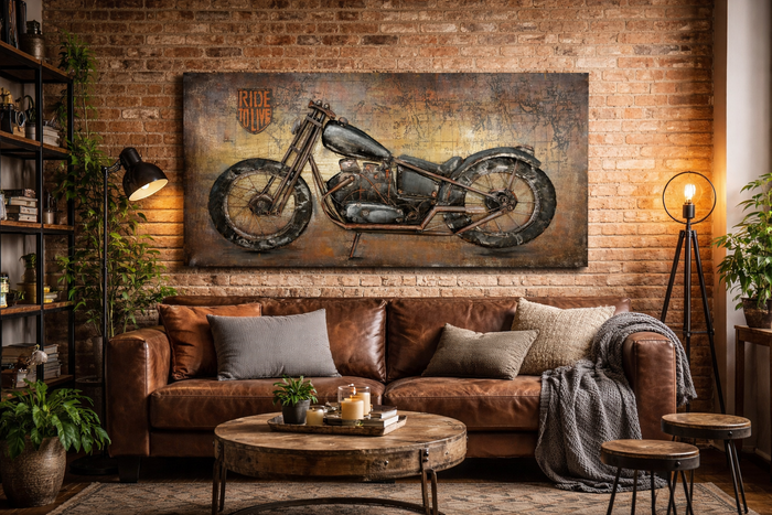 Quadro Decorativo in Metallo Motorcycle 140x70x10 cm – Stile Industrial Vintage