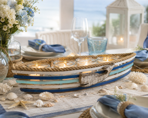 Scialuppa Porta tea light in Legno Azzurro e Bianco Shabby l.53 cm