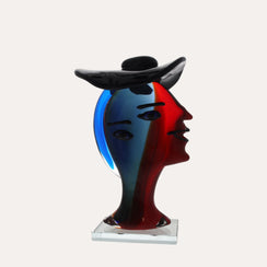 Sculpture Woman with Hat in Red, Blue, Black Solid Glass H.32 cm