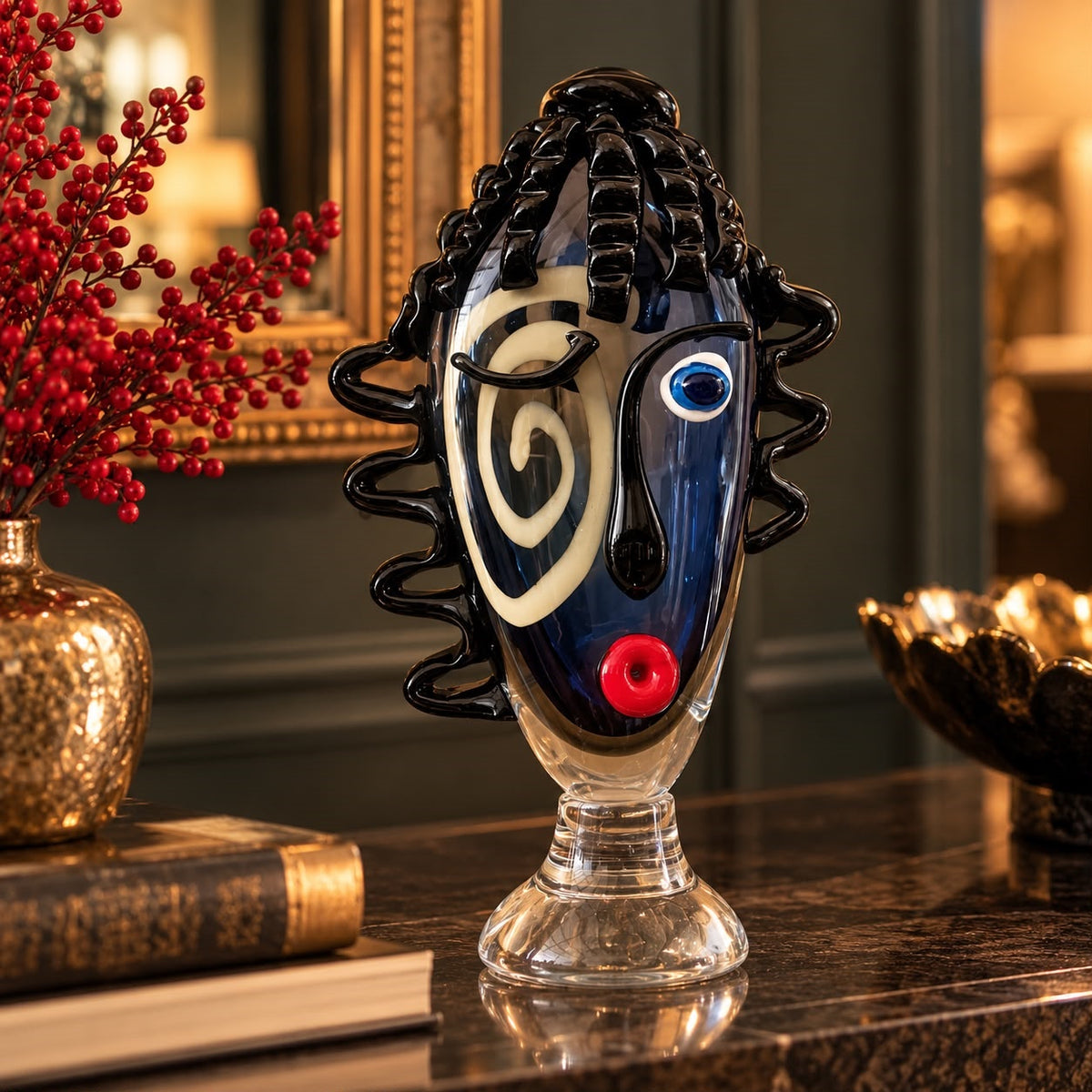 Scultura Donna con Cappello in Vetro Pieno Rosso e Nero H.32 cm