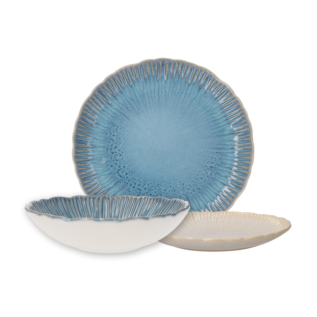 Servizio di 12 Piatti in Ceramica Azzurra con Decorazioni a Corallo