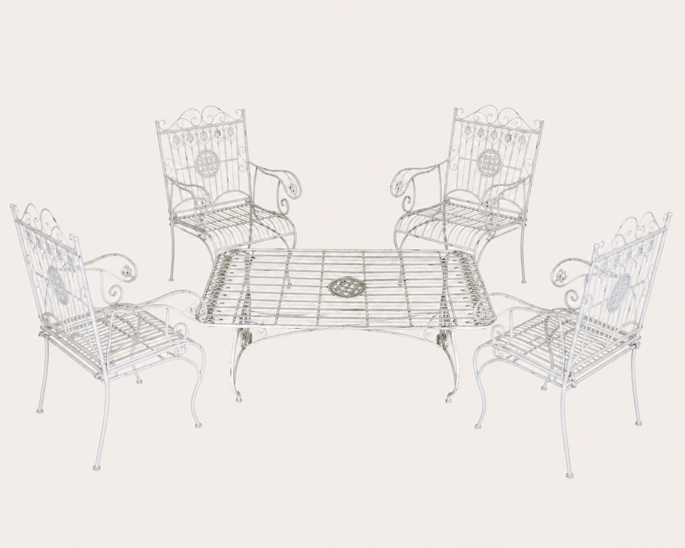 Set Giardino Antik con Tavolino Fumo e 4 Poltroncine Bianco Anticato
