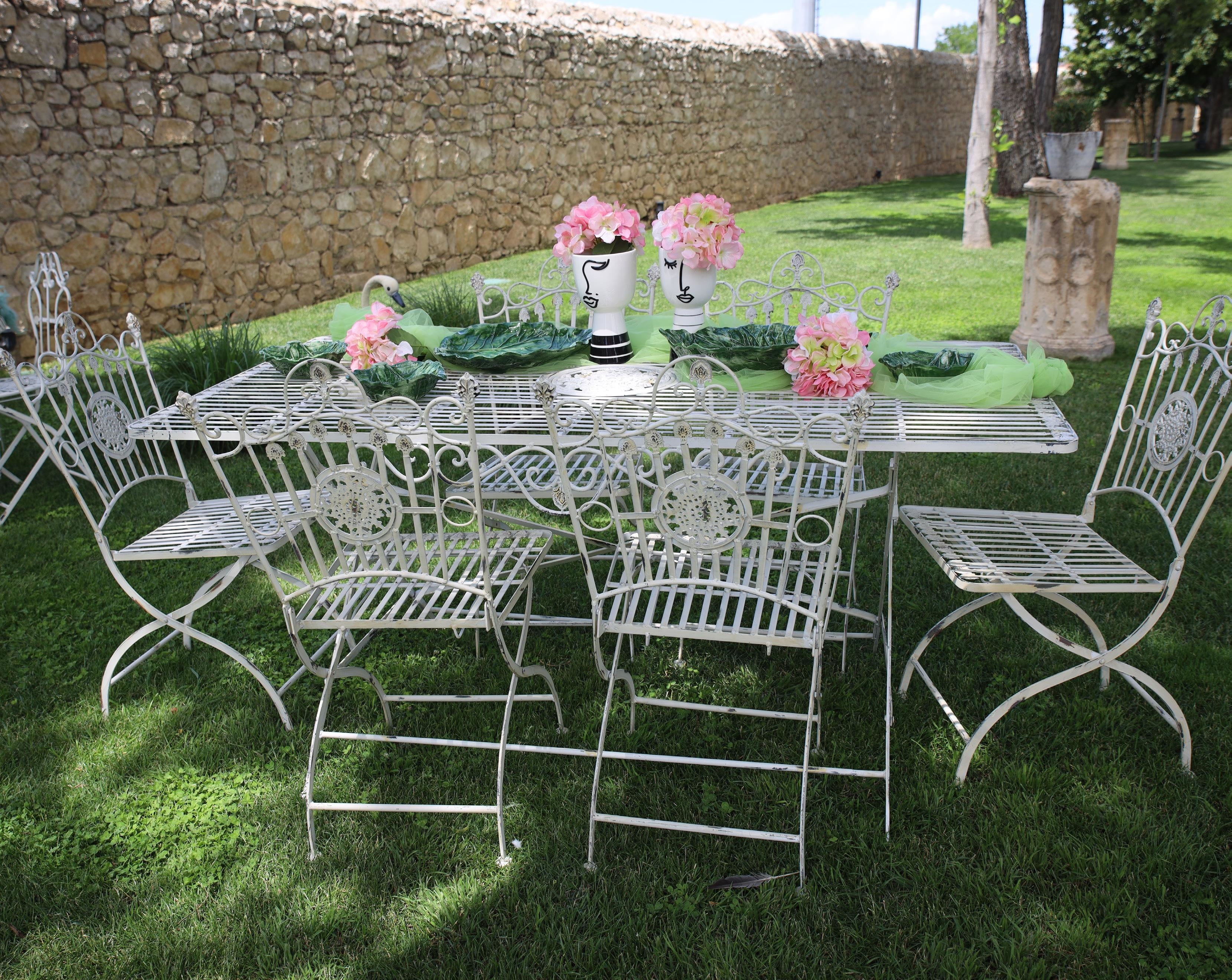 Rectangular Garden Table Set with 6 Chairs in Antique White – Elegant Outdoor Furniture