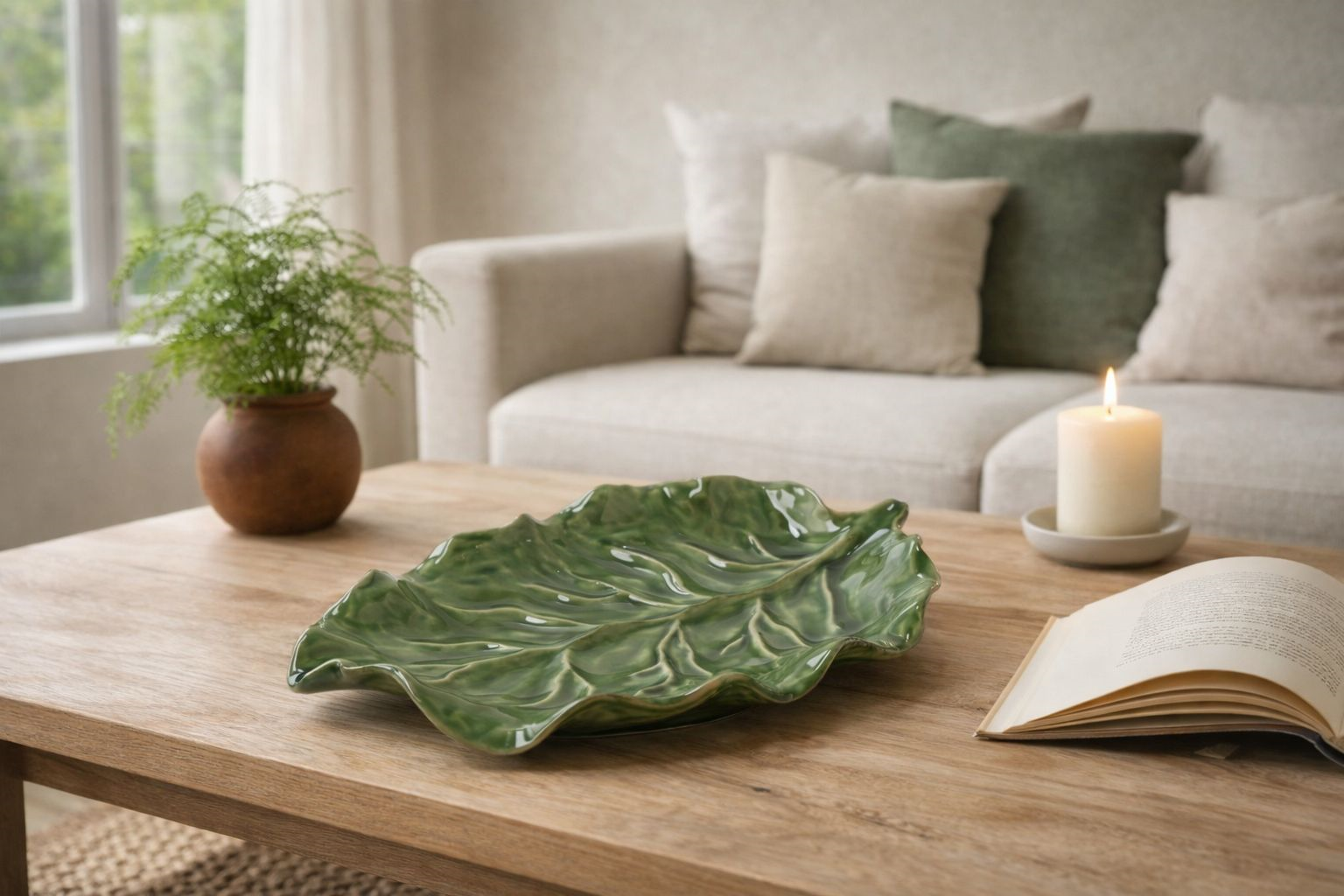 Foglia Decorativa in Ceramica Verde – Svuotatasche Lunghezza cm 33