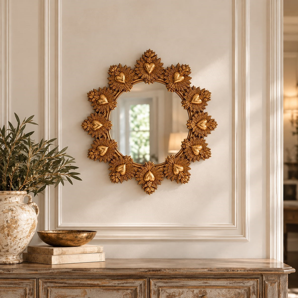 Mirror with Sacred Hearts in Gold Resin Ø.30 cm