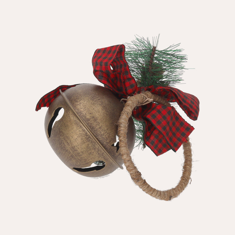 Pallina di Natale in Metallo Oro con Sonaglio e Fiocco Rosso