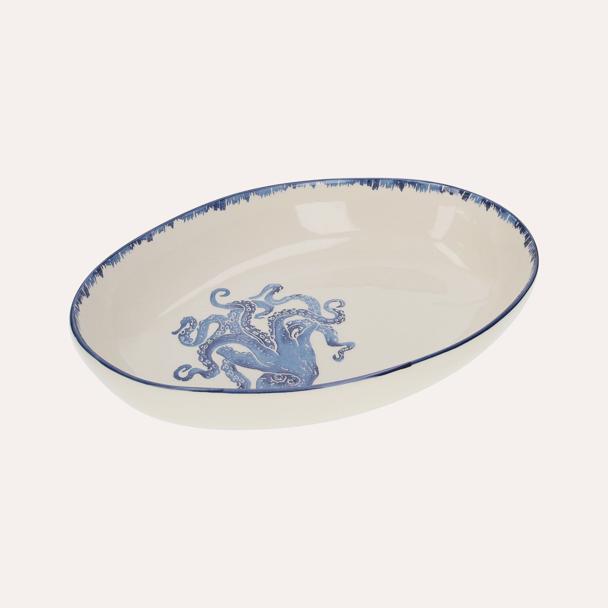 Oval Ceramic Bowl with Blue Octopus Decoration 