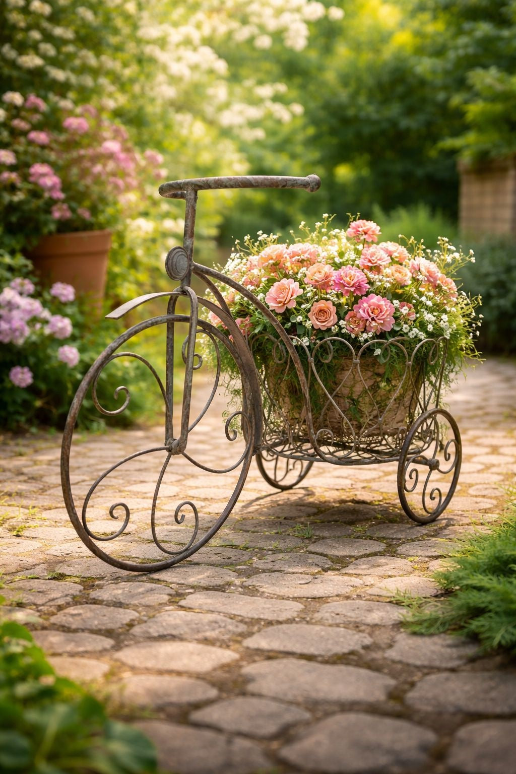 This elegant and functional tricycle plant stand in antique gray iron is perfect for gardens. 