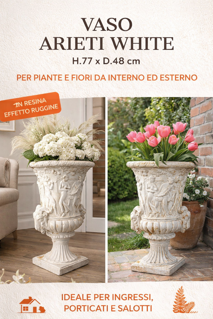 Vaso Arieti White in Resina Decapata – H.77 x D.48 cm – Bianco Anticato Effetto Ruggine