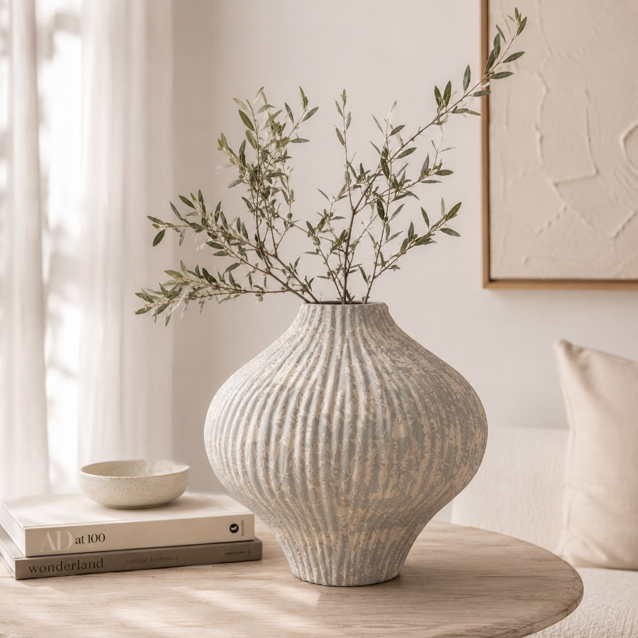Vaso in ceramica con Coste colore bianco e grigio