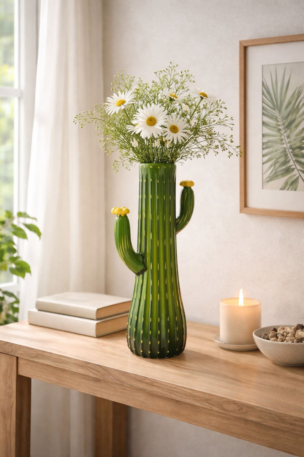 Cactus Decorativo in Vetro con Interno Giallo Altezza cm 37