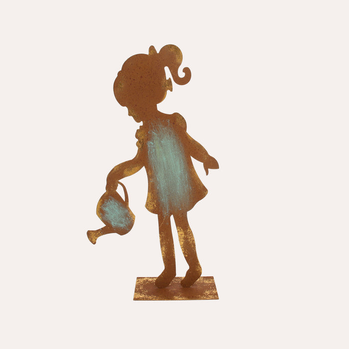 Bimba con Annaffiatoio in Ferro Corten Marrone Ruggine (53x27x10 cm)