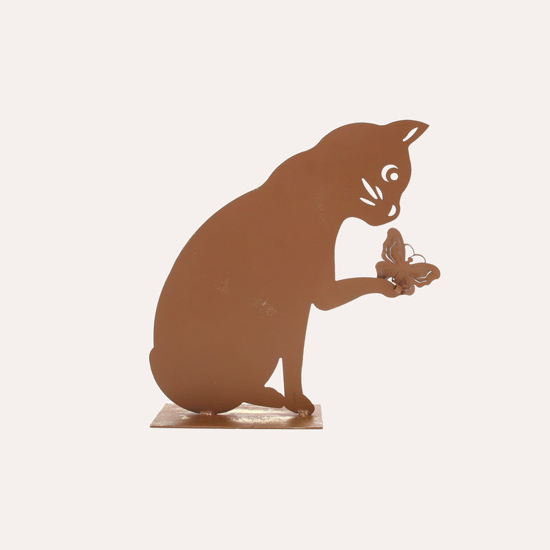 Gatto con Farfalla in Ferro Corten Marrone Ruggine (27x28x8 cm)