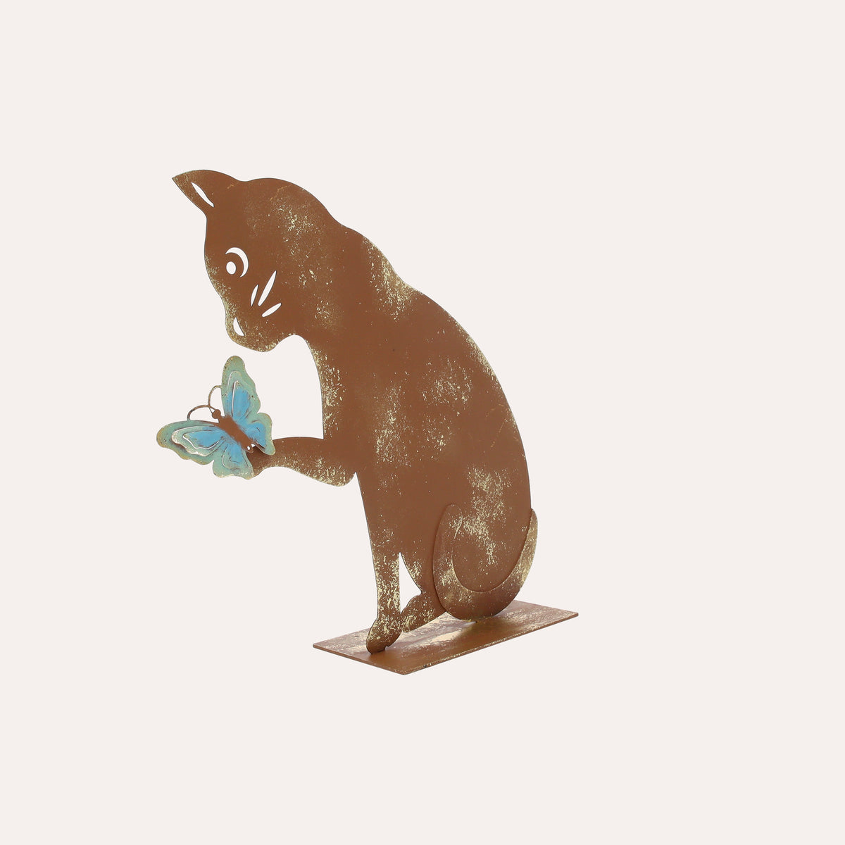 Gatto con Farfalla in Ferro Corten Marrone Ruggine (27x28x8 cm)