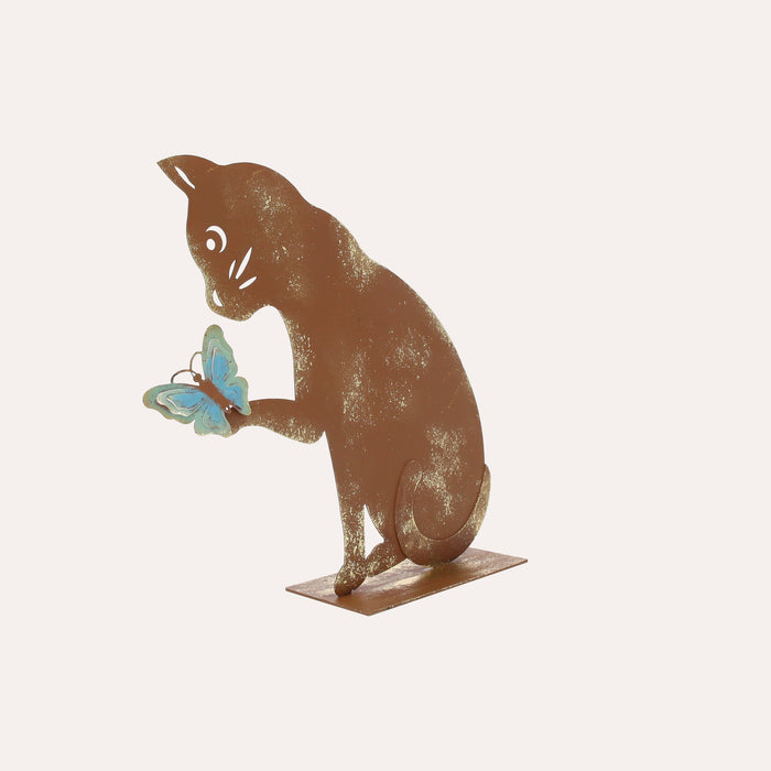 Gatto con Farfalla in Ferro Corten Marrone Ruggine (27x28x8 cm)