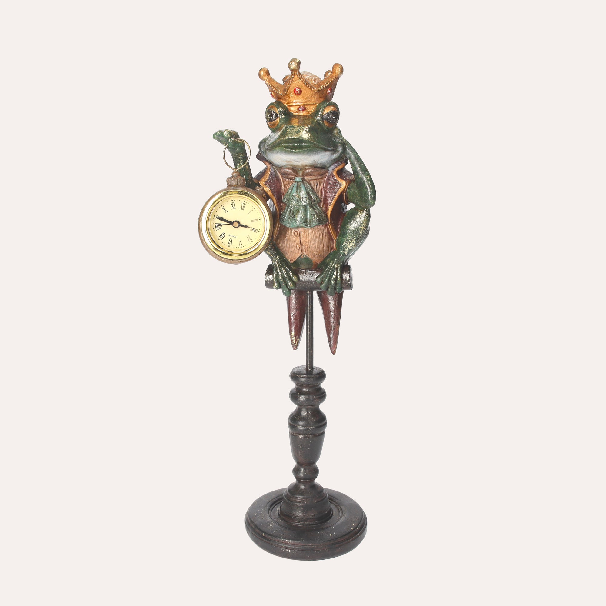 Frog Figurine with Crown and Vintage Clock